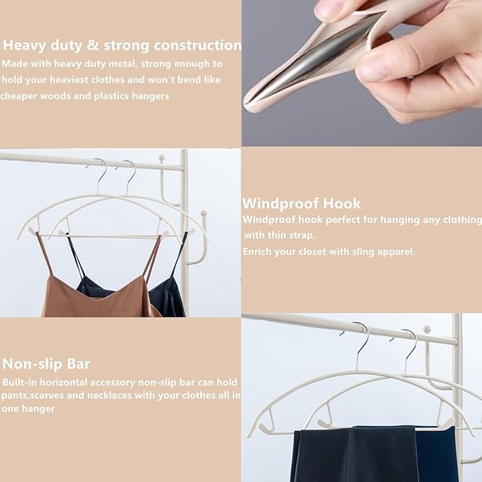 16.5 Inch Ivory No Shoulder Bumps No Mark Non-Slip Rubber Coated Contour Meta Hanger for Sweater T-Shirt Suit Coat Uniform with Pants Bar Pack of 10