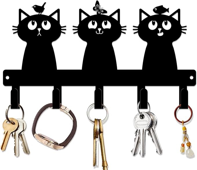 magilab Cat-Themed 10-Inch Iron Key Hooks with 5 Hooks, Black Wall Organizer - Cute Cat Design for Home Decor, No Drill & Screw-in Options (Style K)