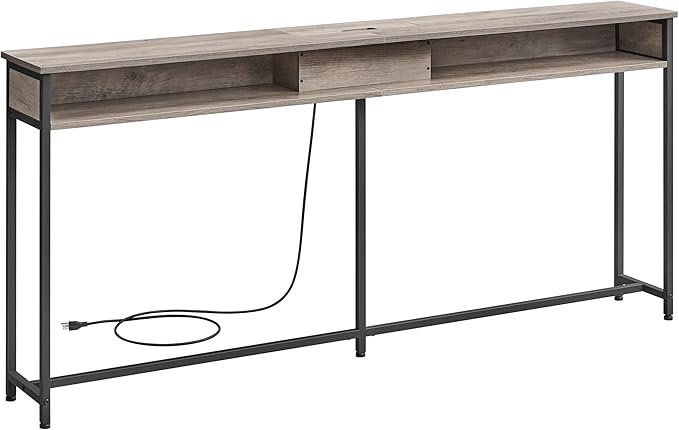 VASAGLE 70.9-Inch Console Table with Outlet and Shelves, Sofa Table with Charging Station, Behind Couch Table Skinny, Entryway Table for Hallway, Living Room, Heather Greige and Ink Black ULNT118B02