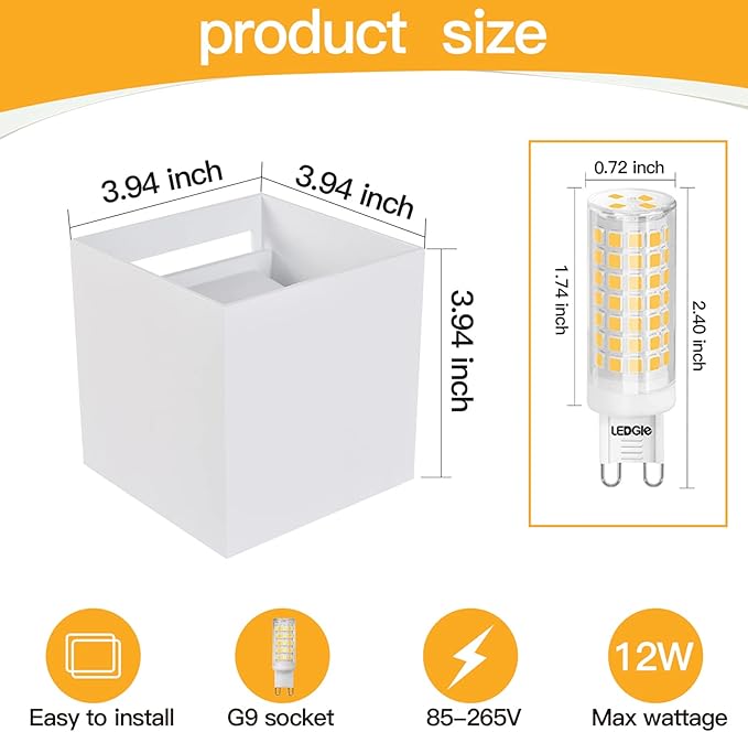 2 Pack Outdoor Wall Lights Exterior/Interior Wall Sconces Up and Down Lights IP65 Waterproof G9 Base Socket Modern Outdoor Lighting Square Aluminum White 3000K Warm Lights, Adjustable Light Angle