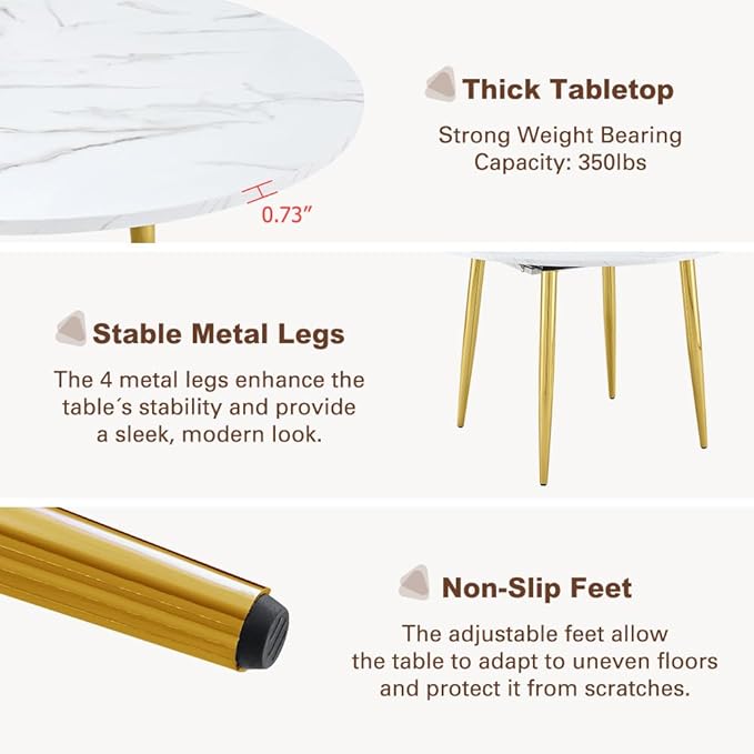 42"-54" Round Extendable Dining Room Table for 4–6, White Faux Marble & Wood Grain Top with Gold Metal Legs, Modern Luxury Oval Dining Room Table, Space-Saving Kitchen Table, Easy Assembly
