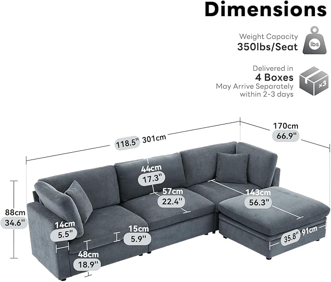 Tbfit Modern Sectional Sofa with Storage, Comfy Cloud Modular Couch with Down-Filled Cushions, Sofa for Home, Living Room, Grey