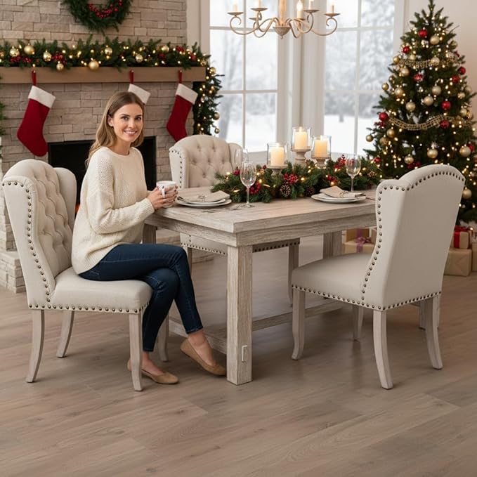 DUOMAY Modern Tufted Dining Chairs Set of 4, Linen Upholstered Dining Room Chairs Armless Guest Side Chair for Kitchen Dining Room, Wingback Accent Chairs with Solid Wood, Beige