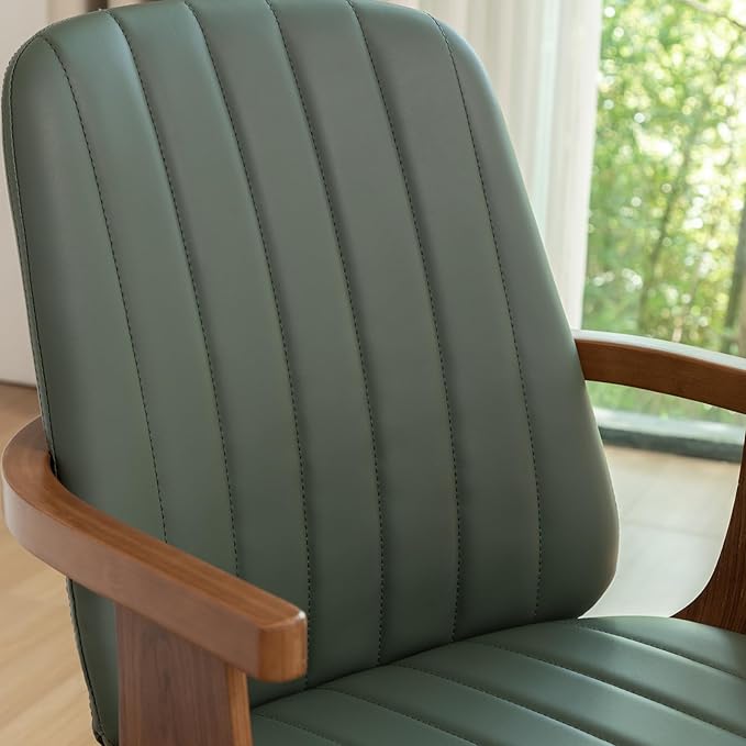 Set of 1 MCM Dining Chair, Mid Century Modern Chair with Walnut Craftsmanship, Upholstered Faux Leather, Wooden Arms and Legs, Faux Leather Dining Chair for Kitchen/Living Room - Green