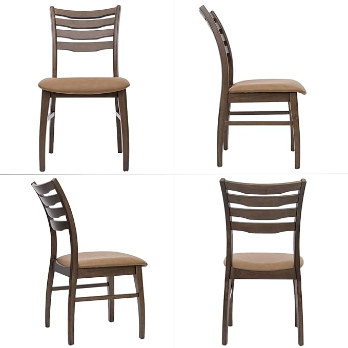 DUOMAY Farmhouse Dining Chairs Set of 6, PU Brown Upholstered Side Chairs Solid Wood Ladder Back Kitchen Chairs for Home Dining Room, Walnut Frame
