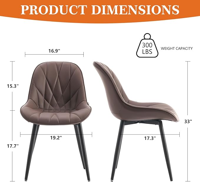Rowill Modern Dining Chairs Set of 2 - Upholstered Faux Leather Kitchen Chairs with Soft Cushion Backrest, Sturdy Metal Legs & Non-Slip Pads, Perfectly Design for Home Dining Room, Kitchen, Brown