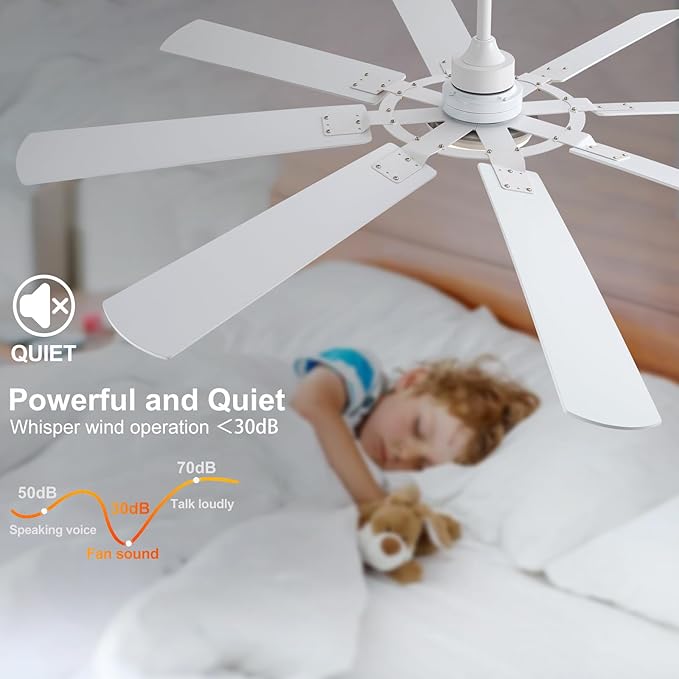 BOOMJOY 72 Inch Ceiling Fans with Lights and Remote, Indoor/Outdoor Ceiling Fan with Light, 8 Blades, Reversible Quiet DC Motor,Modern White Large Ceiling Fan for Living Room Patio Bedroom