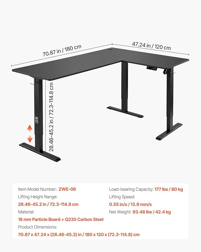 VEVOR L Shaped Standing Desk 71 x 47 inch, 3 Memory Height Adjustable, Electric Corner Standing Desk with Dual Motor, 2 Hooks & Cable Hole, Heavy Duty Carbon Steel Sit Stand Computer Workstation Table