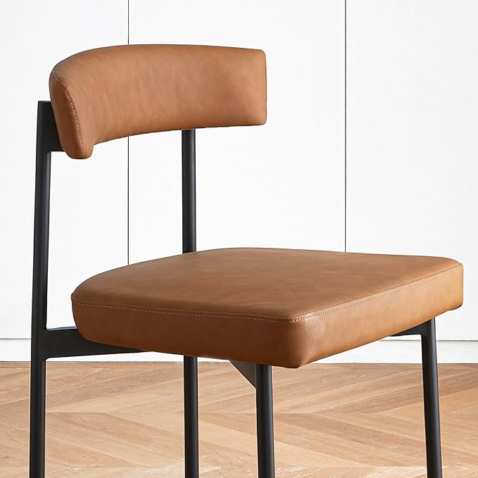 Brown Faux Leather Dining Chairs Set of 2, Armless Upholstered Kitchen Chair,Modern Dining Room Chair with Curved Backrest