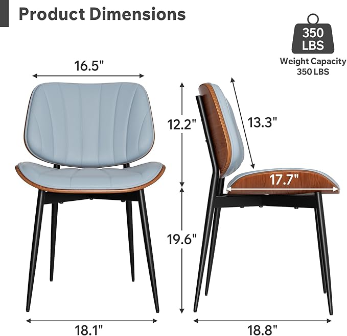 Dining Chair, Mid Century Modern Dining Room Chairs, Upholstered Faux Leather Kitchen Chairs with Walnut Bentwood Back and Metal Legs for Kitchen Dining Room Living Room, Blue