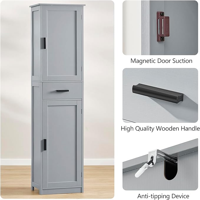 usikey 67“ Tall Bathroom Cabinet, Storage Cabinet with 4 Shelves & 2 Doors, Narrow Storage Cabinet for Bathroom, Living Room, Home Office, Greige