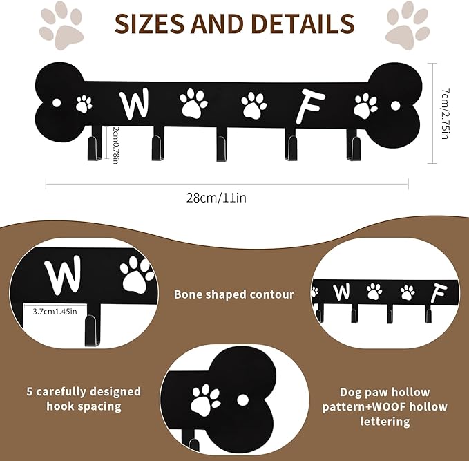 Dog Leash Holder for Wall Key Hooks Decorative, 5 Hooks 11×2.75 inch for Wall Decorative Animal Storage Rack Adhesive, Black Key Holder wall Mount for Entrance Living Room Kitchen-Dog Lovers Gifts