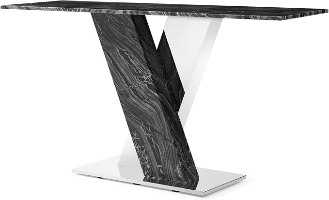 Modern Malbec Black and Grey Marble Console Table with Polished Stainless Steel Base