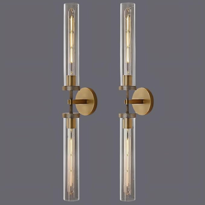 Brass Wall Sconces, 30in Gold 2-Light Double Glass Sconces Wall Lighting, Bathroom Knurled Vanity Light Sconces, Wall Lights for Living Room Bedroom（Including Bulb）
