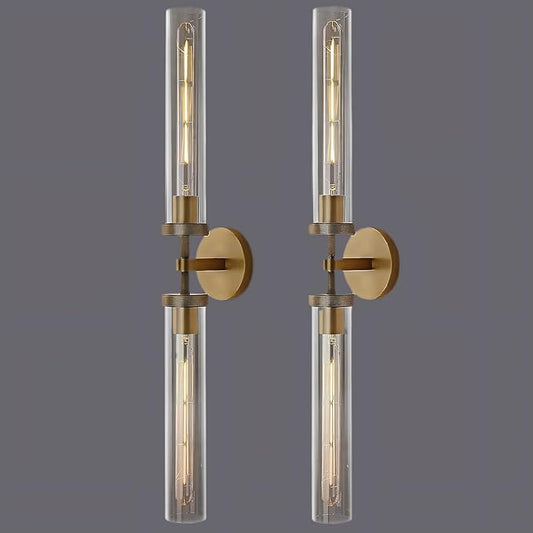 Brass Wall Sconces, 30in Gold 2-Light Double Glass Sconces Wall Lighting, Bathroom Knurled Vanity Light Sconces, Wall Lights for Living Room Bedroom（Including Bulb）
