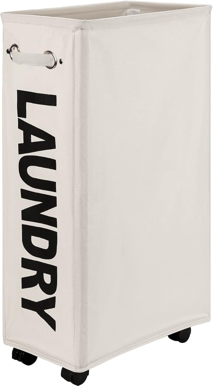 DOKEHOM 29-Inches Enlarged Slim Laundry Basket with Removable Wash Bag on Wheels, Collapsible Rolling Laundry Hamper, Foldable Narrow Corner Clothes Storage Bins (Beige)