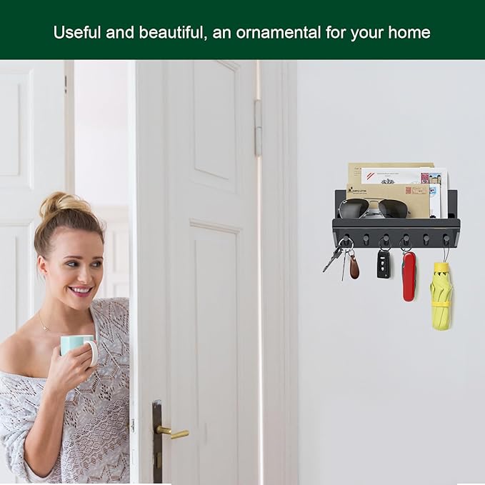 Decorative Acrylic Key Hooks Wall Mount with Shelf - Entryway Key Rack Mail Organizer Living Room Decor (Black)