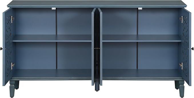 Retro 60'' Large Storage Cabinet Sideboard with 4 Hollow-Carved Doors and Adjustable Shelves, Acacia Wood Vintage Entryway Console Table TV Stand for Living Room Dining Room (Antique Blue-LK)