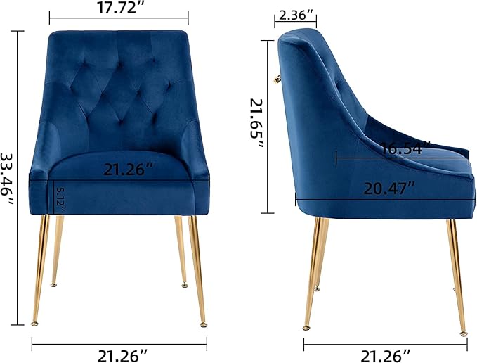 Modern Dining Chairs Set of 6, Mid Century Chairs with 5.12” Cushions and Golden Legs, Velvet Upholstered Dining Chairs with Back Pull Rod, for Kitchen, Living Room (Blue)