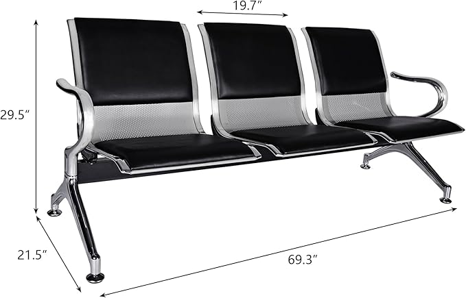 Kinfant 3-Seat Waiting Room Bench Set - PU Leather Office Chair Guest Reception Waiting Room Chair for Airport, Hospital, Bank, Salon, Barbershop, Black