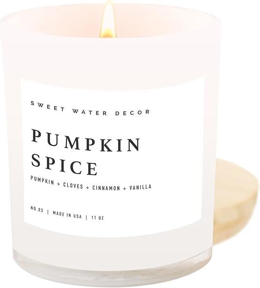 Sweet Water Decor Pumpkin Spice Candle - Fall Candles with Pumpkin, Clover, Cinnamon & Vanilla Scent for Home - Pumpkin Candle with 50 Hours Burn Time - 11Oz Wood Lid White Jar Soy Candles