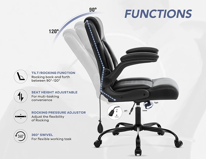 Office Chair with Adjustable Lumbar Support,Leather Ergonomic Computer Desk Chair with Flip-up Arms,Adjustable Tilt Lock,Swivel Rolling Executive PC Chair for Work, Study,Meeting,Small Space.Black