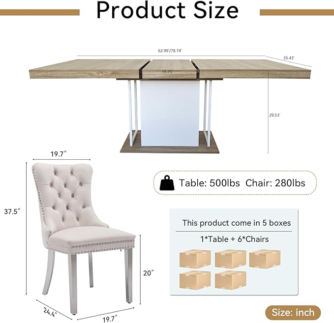 Goujxcy 78.7" Farmhouse Extendable Dining Room Table Set for 6, 7-Piece Rectangle Kitchen Dining Room Table Set with Wood Base and 6 Beige Velvet Dining Chairs, Extending Kitchen & Dining Table Set