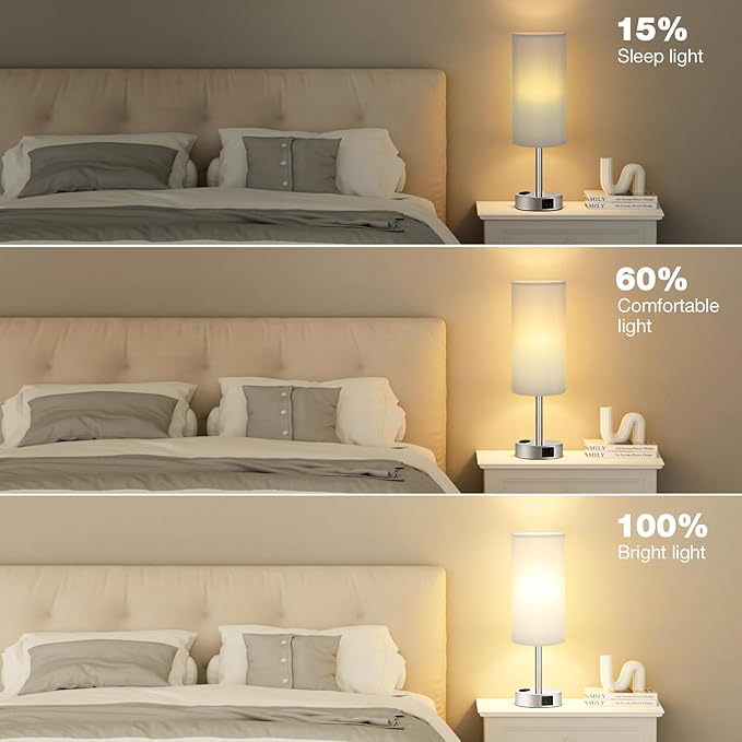 Fenmzee Light Grey Table Lamp for Nightstand - 3 Way Dimmable Touch Bedside Lamp USB C and A Charging Ports and AC Outlet, Small Desk Lamp with Silver Base for Office Nursery, LED Bulb Included