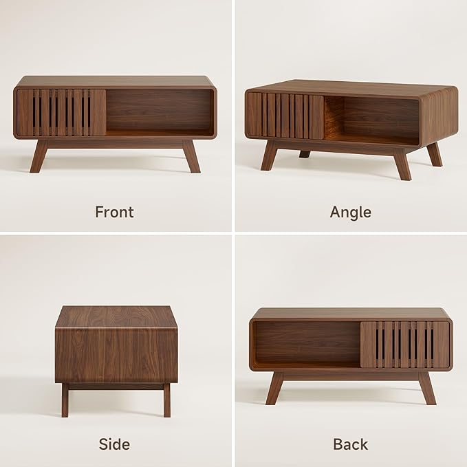 ONBRILL Coffee Table, Mid Century Modern Table with Storage Compartment, Fluted Table with Sliding Cabinet Door, Farmhouse Wood Coffee Table for Living Room (Walnut)