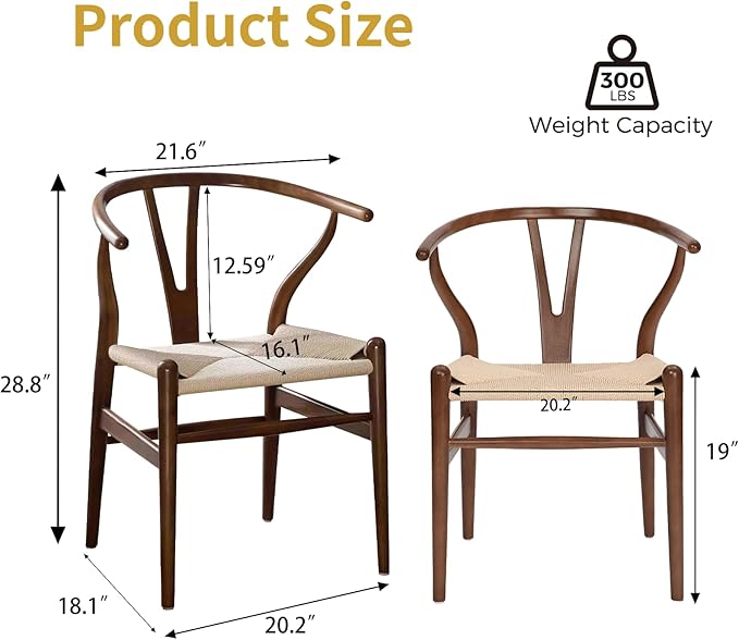 Wishbone Chair Natural Solid Wood Dining Chair/Hans Vegner Y Chair Rattan and Wood Accent Armrest Chairs Set of 4 (Ash Wood - Walnut)