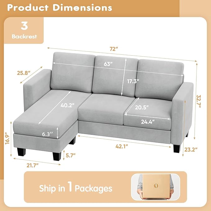 VICTONE Convertible Sectional Sofa Couch, 3 Seat L-Shaped Sofa with Linen Fabric Ottoman Small Couch for Small Apartments, Living Room and Office (Linen Fabric, Light Gray)