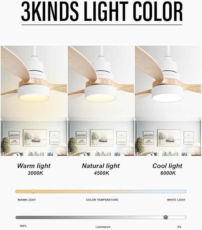 Sofucor Ceiling Fan with Lights, 52 Inch Mordern Wood Ceiling Fan with Remote for Indoor Farmhouse Bedroom Living Room Outdoor Patio Porch, Reversible DC Motor, Noiseless