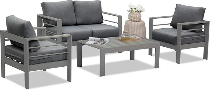 Wisteria Lane Outdoor Patio Furniture Set, 4 Pieces Aluminum Sectional Sofa, Metal Patio Conversation Set with Loveseat, 5 Inch Grey Cushion and Coffee Table (Dark Grey & Grey)