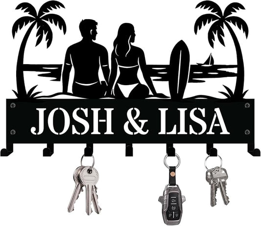 NIWAHO Personalized Key Holder for Wall - Custom Key Hanger with Family Name - Surfboard Couple Engraving Metal Wall Sign with Hooks, Housewarming or New Home Gift