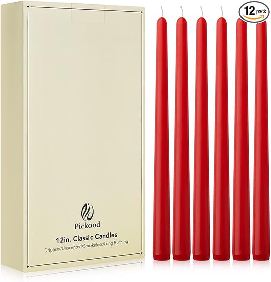 New Burning Formula Unscented Dripless 12-Inch Taper Candles Set of 12 - Red, for Wedding, Dinner - Smokeless, Long Burning - Hand Poured, Colored Tall Candlesticks - Rojo