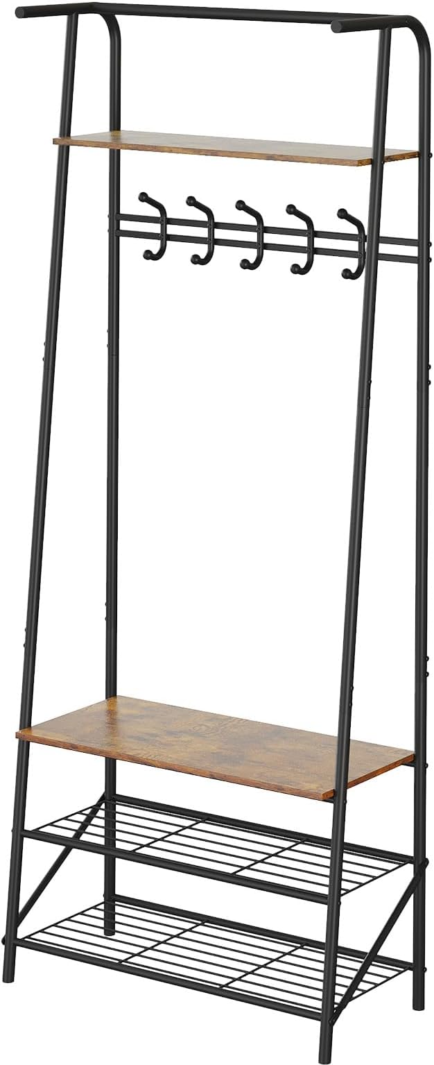 MDF Hall Tree with Bench, 4-in-1 Entryway Coat Rack with Storage Shelf & Shoe Organizer, Sturdy Freestanding Furniture for Living Room, Bedroom, Mudroom