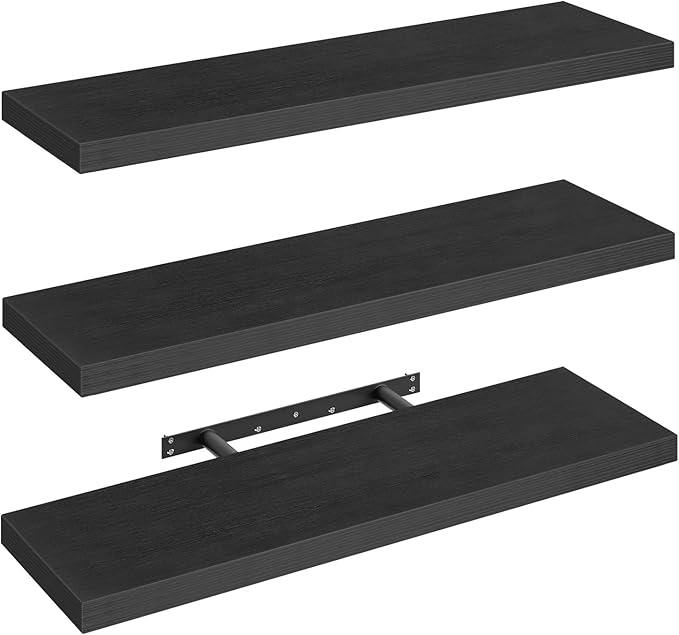 Floating Shelves for Wall, 1.5" Thick Wall Shelf Set of 3 with Invisible Brackets, L31.5 x W7.9 Hanging Book Shelves Farmhouse Home Decor for Bathroom, Living Room, Bedroom, Black 8301BJP3BK
