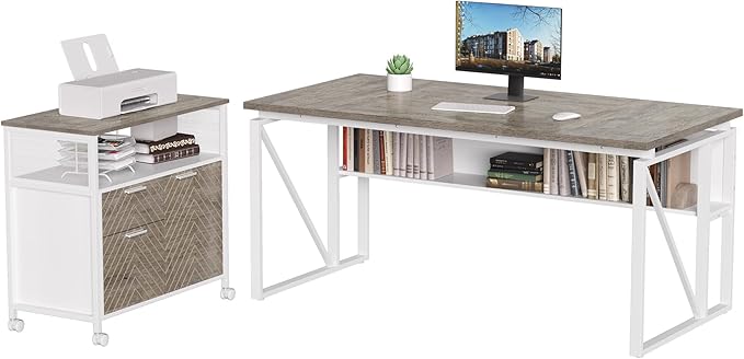 LITTLE TREE 63-Inch Office Desk with 31.5-Inch Lateral File Cabinet, Study Writing Desk Computer Desk for Home Office