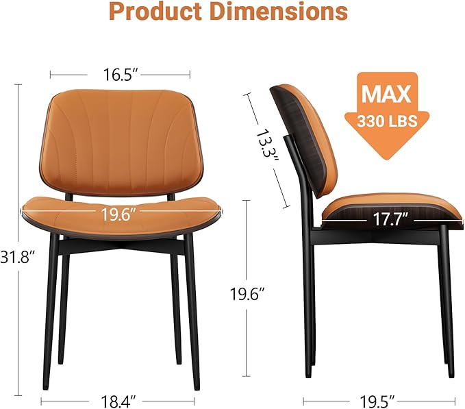 Dining Chairs Set of 8, Mid Century Modern Dining Room and Kitchen Chairs, Upholstered PU Leather Chairs with Walnut Bentwood and Metal Legs, Orange