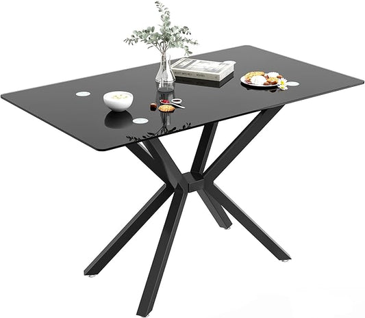 47.2" Black Glass Dining Table, Modern Kitchen Table for 4 People, Contemporary Rectangular Dining Room Dinner Tables with Black Glass Top & Black Metal X Legs for Kitchen Apartment