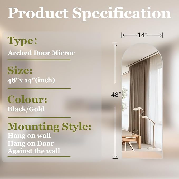 BEAUTYPEAK 14" x 48" Adjustable Height Over The Door Mirror, Arch Full Length Hanging Door Mirror with Shatterproof Tempered Glass Aluminum Alloy Frame for Bedroom, Living Room, Bathroom, Dorm, Silver