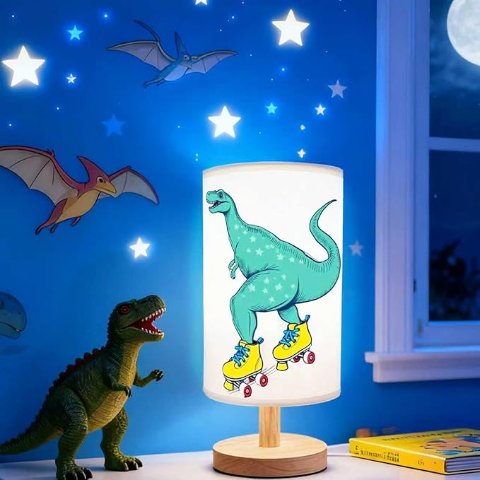 Dinosaur Lamp, Dinosaur Decor Boys Room, 3 Color Night Light Wood Nightstand Desk Base Flaxen Fabric Shade for Bedroom Living Room, Dino Lovers Gifts, LED Bulb Included (Yellow Dinosaur)
