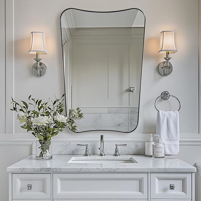 ANDY STAR Asymmetrical Wall Mirror 26”x38”, Brushed Nickel Bathroom Mirror for Wall, Modern Designer Mirror with Butterfly Shape Design Decorative for Bathroom, Entryway, Mantle