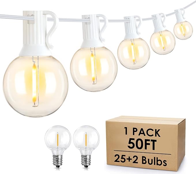 Mlambert 50Ft Outdoor String Lights, G40 Globe Patio Lights with 25+2 Waterproof Shatterproof LED Bulbs for Balcony Porch Bistro Deck-White Wire