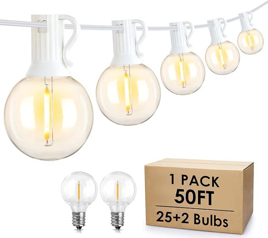 Mlambert 50Ft Outdoor String Lights, G40 Globe Patio Lights with 25+2 Waterproof Shatterproof LED Bulbs for Balcony Porch Bistro Deck-White Wire