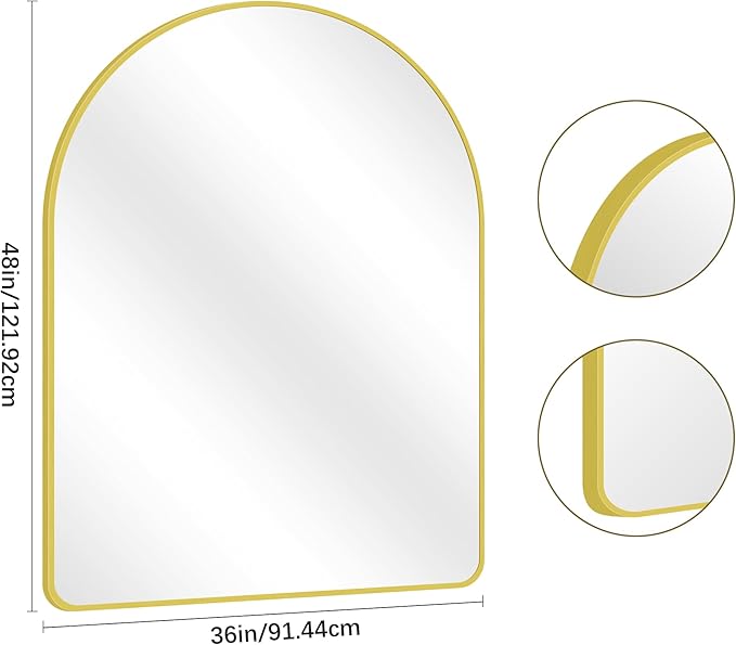 Arched Bathroom Mirror, 36"x48" Gold Arch Mirror for Bathroom, Wall Mounted Mirror, Gold Vanity Wall Mirror w/Metal Frame for Bedroom, Entryway, Living Room, Vertically Hanging or Leaning Against