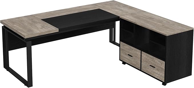 Tribesigns L-Shaped Executive Desk with Reversible File Cabinet, 63" Office Desk with Storage Drawers, L-Shaped Computer Desk with Drawer Cabinet for Hanging Letter Size Files (Gray & Black)