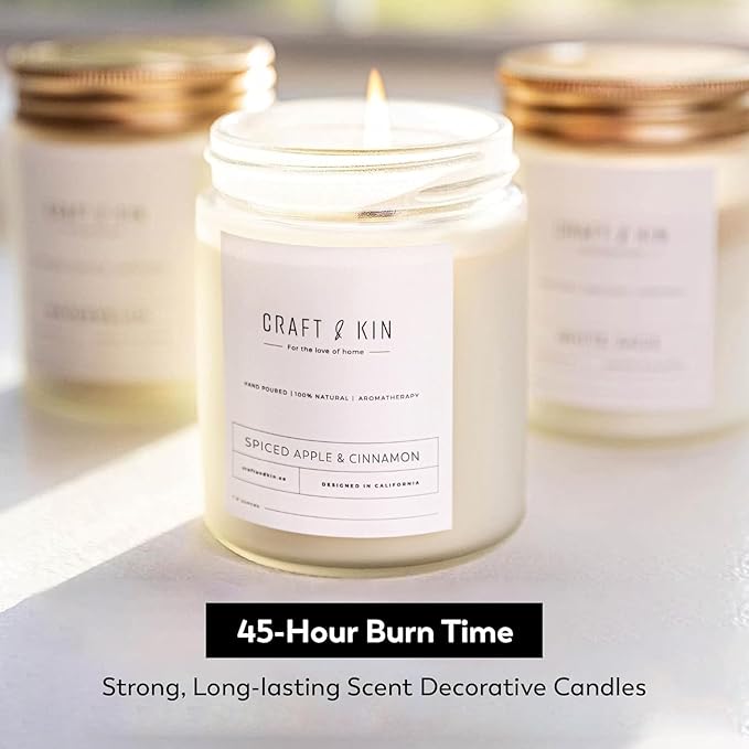 Craft & Kin Apple and Cinnamon Christmas Scented Candles | 8 Oz, 45-Hour Long Lasting | Classic Soy Winter Candle with Wood Wick | Made with Natural Soy | Holiday Candles Gifts for Men and Women