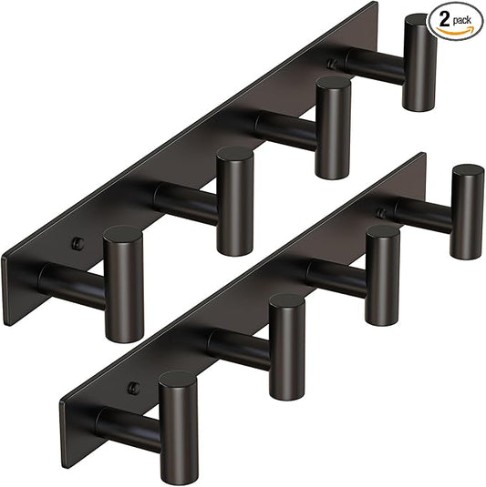 HUFEEOH 2 Pack Coat Rack Wall Mount, Stainless Steel T Shaped 4 Hooks Coat Hooks for Bathroom, Heavy Duty Wall Hooks Towel Hooks for Hanging, Black Towel Rack Purse Hanger for Mudroom Entryway