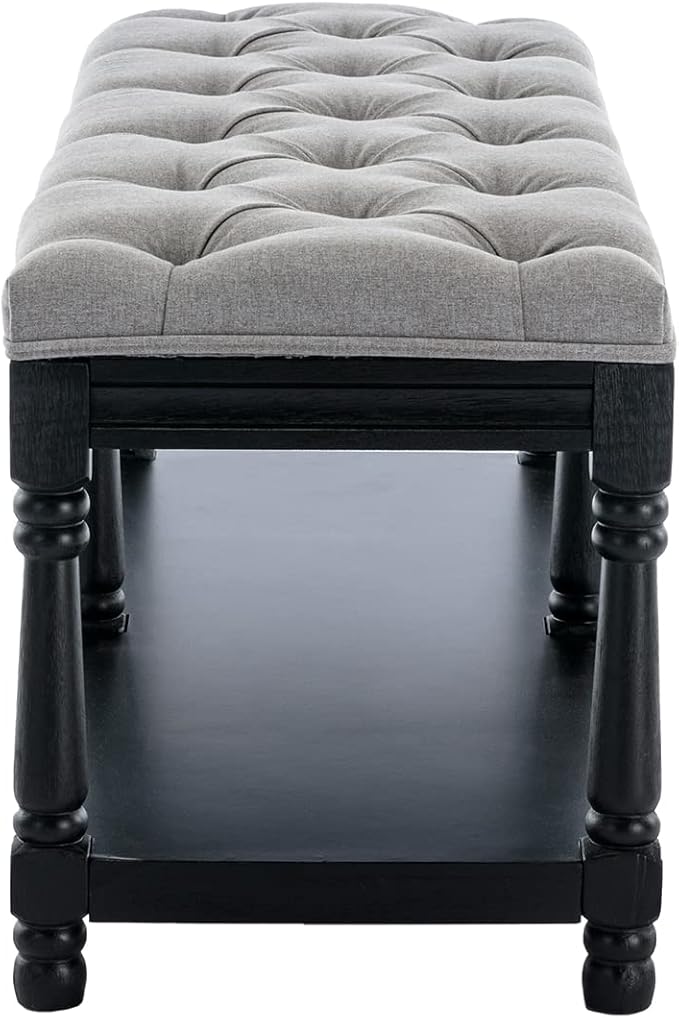 Kmax Storage Entryway Bench Tufted Shoe Rack Bench Black Wood Window Bench for Hallway Entrance Bedroom Corner, Grey
